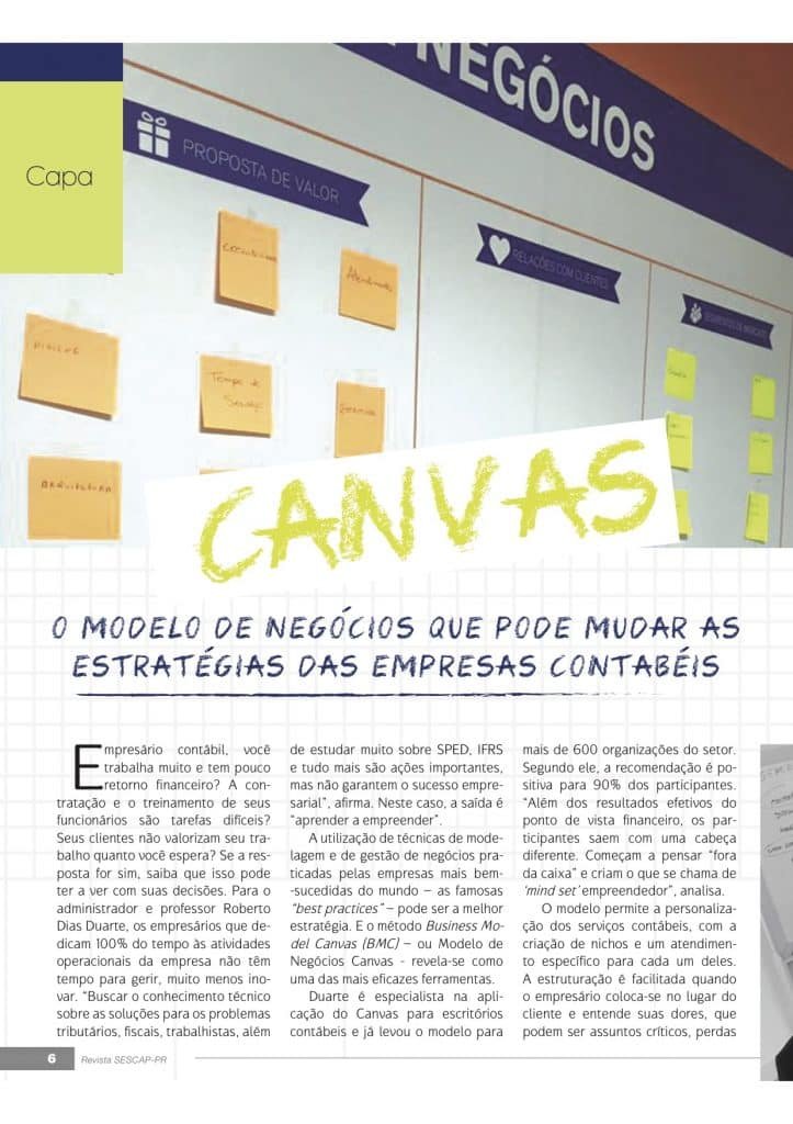 Matéria de capa da revista do SESCAP/PR: Canvas, modelo de negócios muda estratégias empresariais no setor contábil.